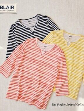 NWOT Bundle Of 3 Blair VTG Women's 3/4-Sleeve Split-Neck Tee Striped Knit Top M
